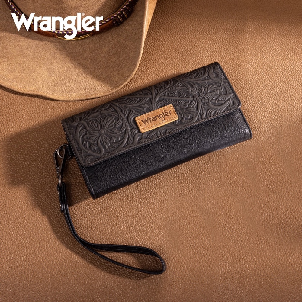 Wrangler Western Floral Tooled Tri-fold RFID Wallet/Wristlet Black
